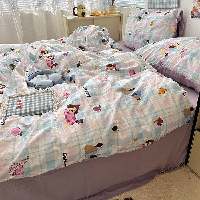 91家纺网 家纺一手货源 找家纺 原素 2025软绵绵的双拼印花水洗棉四件套 彩格狗狗