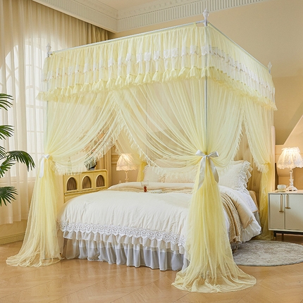 艺利轩蚊帐 2025新款浪漫刺绣花边三开门外穿落地款蚊帐-知夏 知夏-淡黄