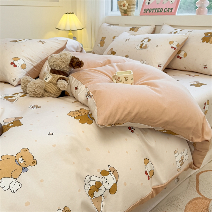 91家纺网 家纺一手货源 找家纺 雯豆2025春夏新款全棉纯棉被套三件套学生成人被罩 全棉被套-小熊伙伴