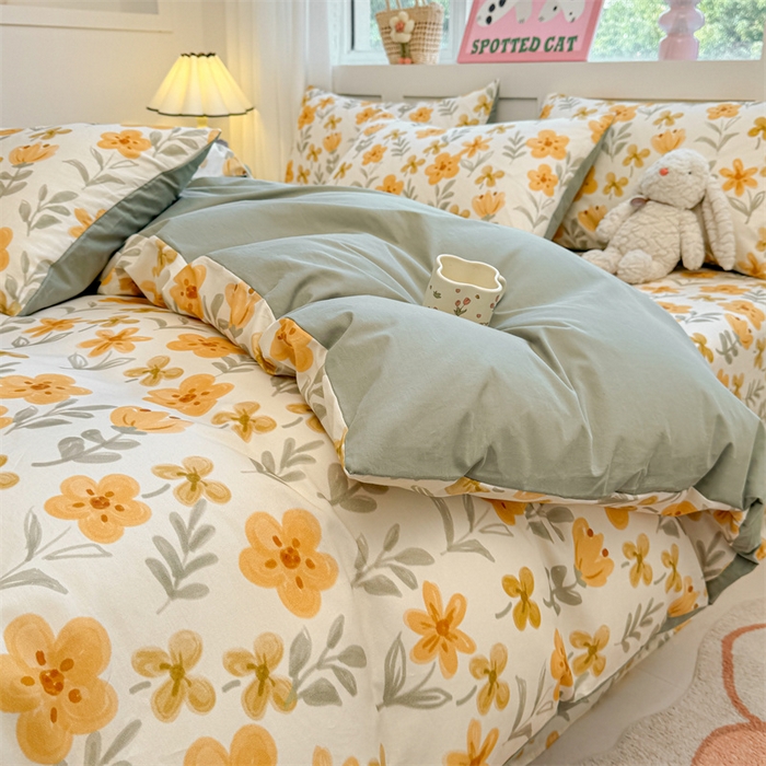 91家纺网 家纺一手货源 找家纺 雯豆2025春夏新款全棉纯棉被套三件套学生成人被罩 全棉被套-暖阳