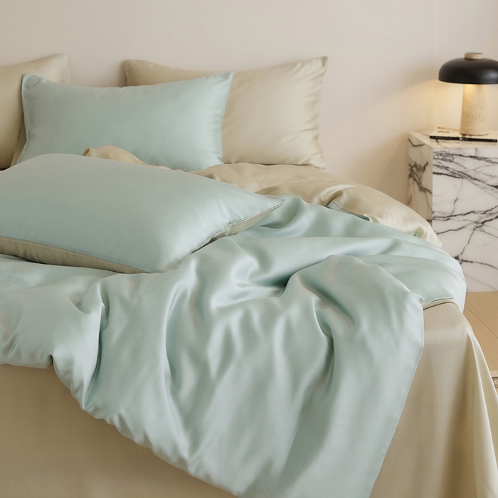 91家纺网 家纺一手货源 找家纺 EH家居 2025新款天丝纯色四件套系列 清凉蓝