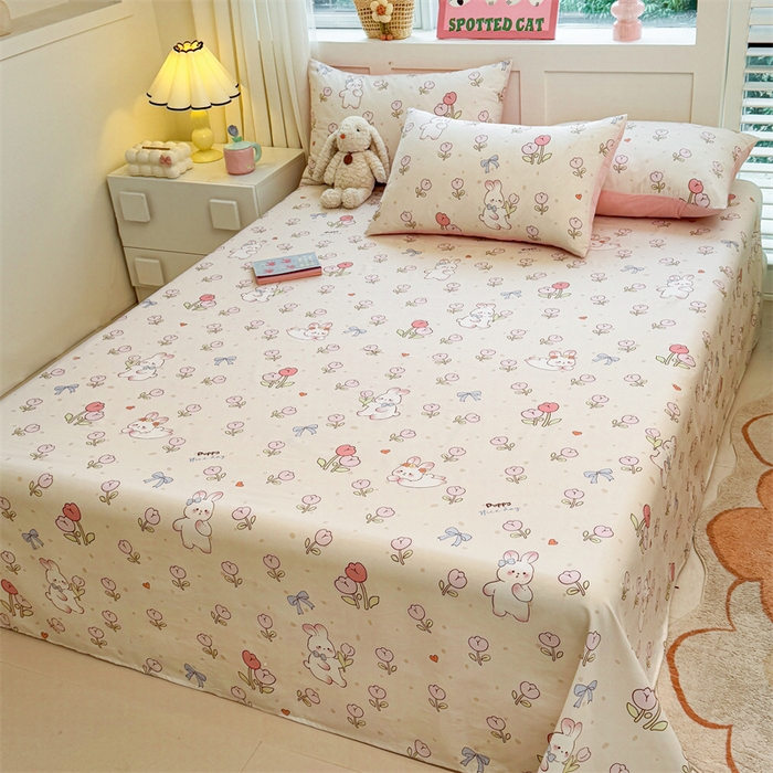 91家纺网 家纺一手货源 找家纺 雯豆2025春夏新款全棉床单三件套纯棉床罩小清新印花床单 全棉床单-小兔乖乖