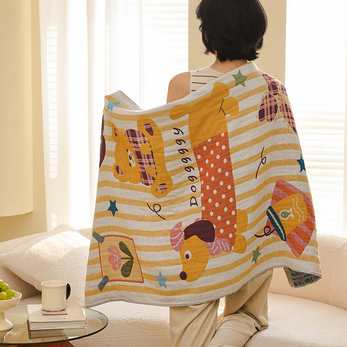 91家纺网 家纺一手货源 找家纺 雯雨家纺 2025新款亲肤可爱全棉A类纱布浴巾 蝴蝶结小狗