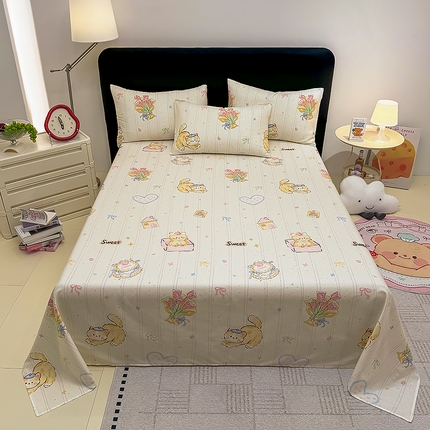 木堇家居  2025新款春夏全棉小清新卡通床单床笠枕套单品系列-床单系列 郁金香小猫
