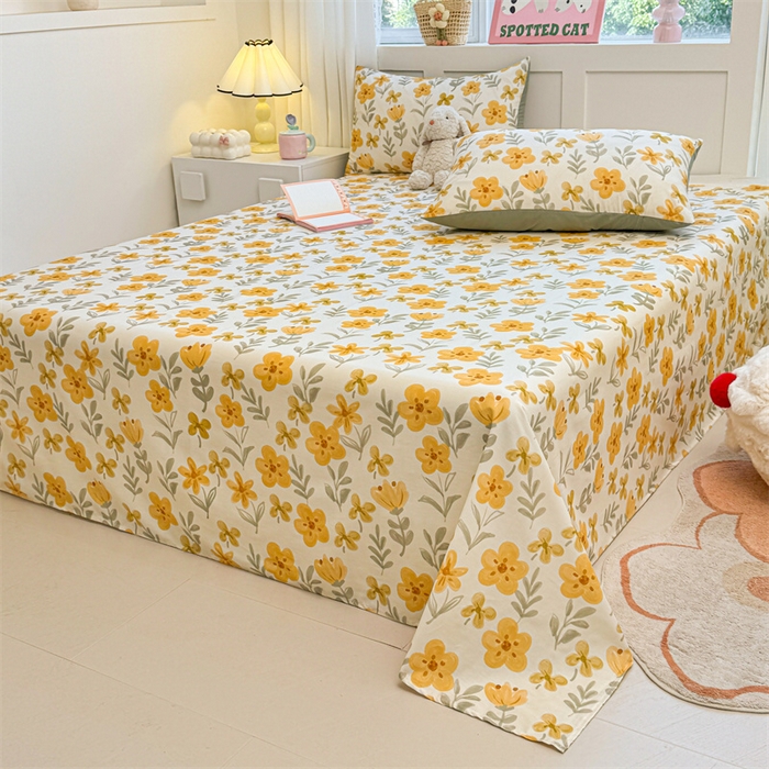 91家纺网 家纺一手货源 找家纺 雯豆2025春夏新款全棉床单三件套纯棉床罩小清新印花床单 全棉床单-暖阳