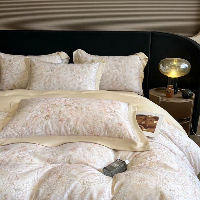 91家纺网 家纺一手货源 找家纺 2025新款大宽边高级简奢款凉感天丝莱赛尔数码印花丝滑丝绸四件套直播热款