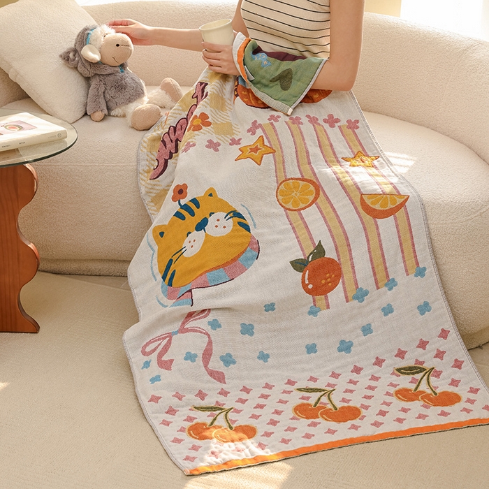 91家纺网 家纺一手货源 找家纺 雯雨家纺 2025新款亲肤可爱全棉A类纱布浴巾 笑脸猫