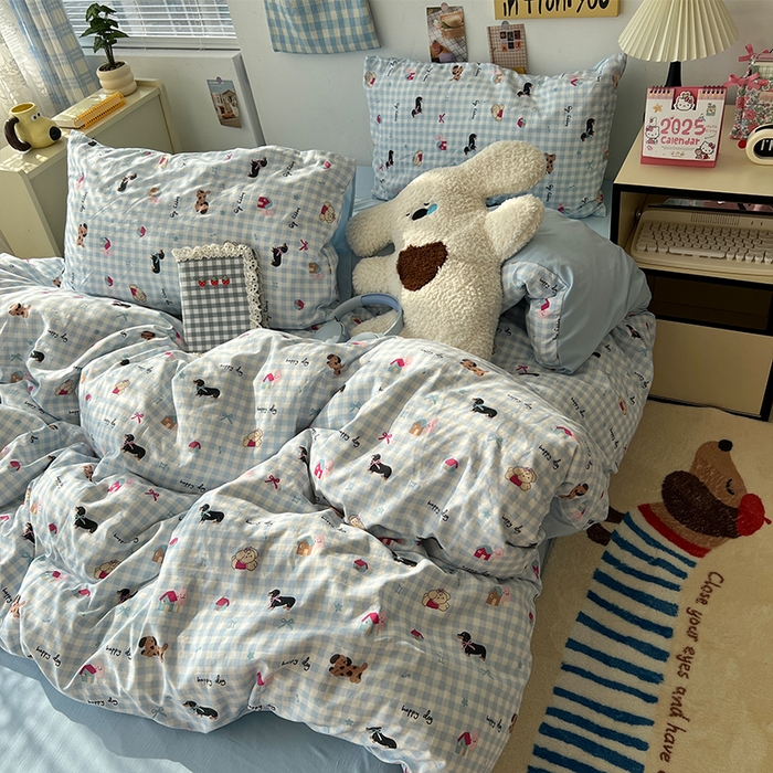 91家纺网 家纺一手货源 找家纺 原素 2025软绵绵的双拼印花水洗棉四件套 格子小腊肠