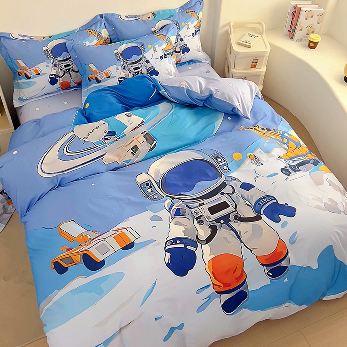 91家纺网 家纺一手货源 找家纺 （总）浩诚 2025新款全棉大版卡通太空人宇航员小恐龙小汽车系列纯棉四件套-提供买家秀