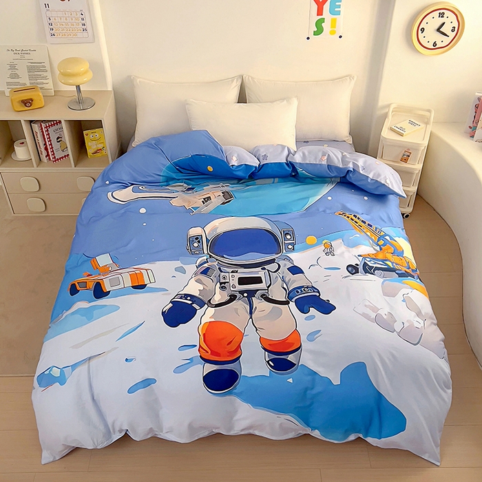 91家纺网 家纺一手货源 找家纺 浩诚 2025新款全棉大版卡通太空人宇航员小恐龙小汽车系列纯棉四件套-提供买家秀 星际工程