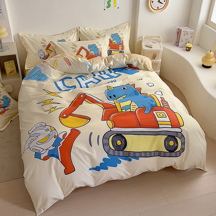 91家纺网 家纺一手货源 找家纺 浩诚 2025新款全棉大版卡通太空人宇航员小恐龙小汽车系列纯棉四件套-提供买家秀 恐龙挖掘机