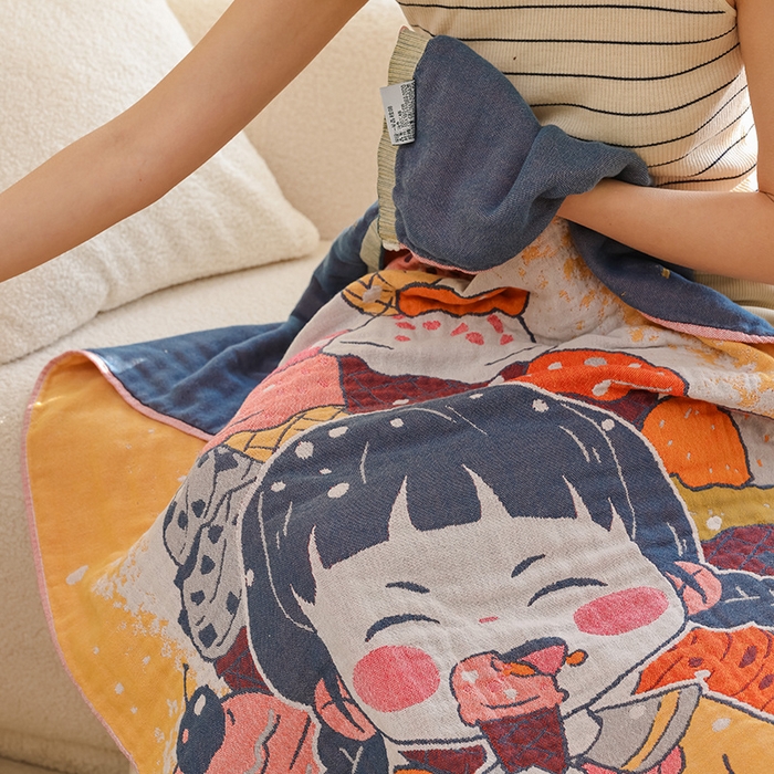 91家纺网 家纺一手货源 找家纺 雯雨家纺 2025新款亲肤可爱全棉A类纱布浴巾 冰淇淋女孩