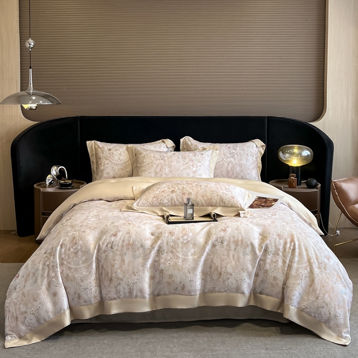 91家纺网 家纺一手货源 找家纺 2025新款大宽边高级简奢款凉感天丝莱赛尔数码印花丝滑丝绸四件套直播热款