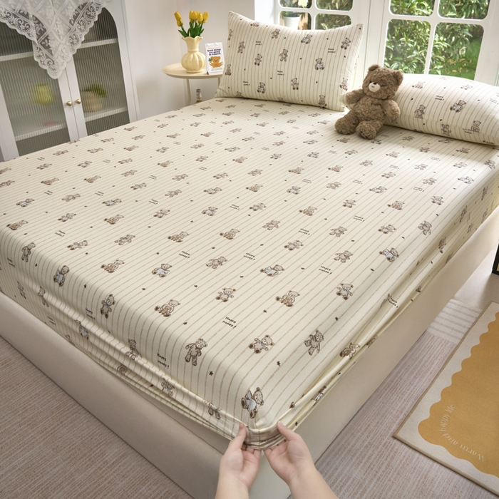 91家纺网 家纺一手货源 找家纺 木堇家居 2025新款春夏全棉小清新卡通床单床笠枕套单品系列-床笠系列 8  摩卡熊