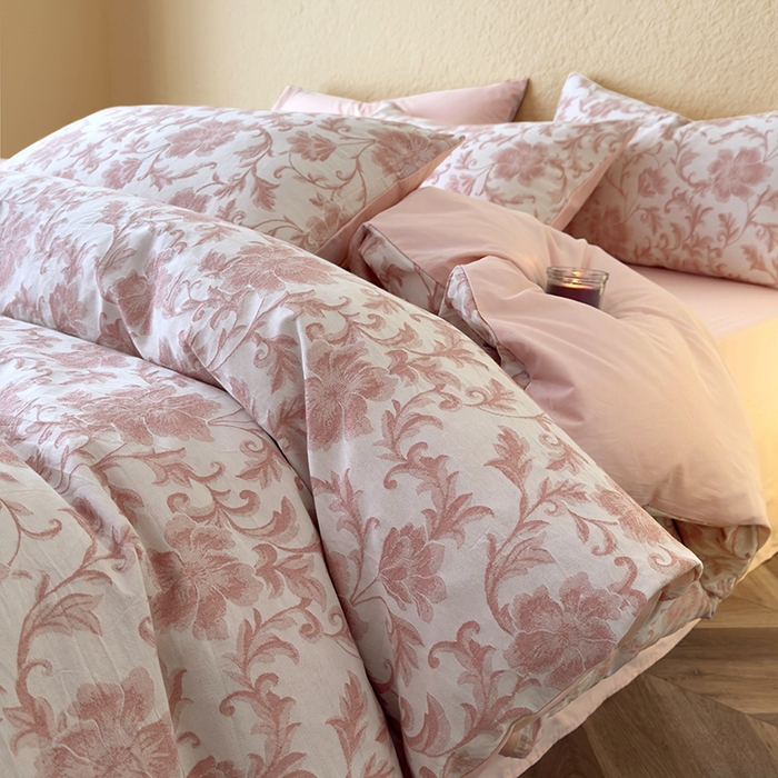 91家纺网 家纺一手货源 找家纺 琪格格2025款纯棉三层纱提花四件套（提供大量买家秀）三层纱 胧月-粉