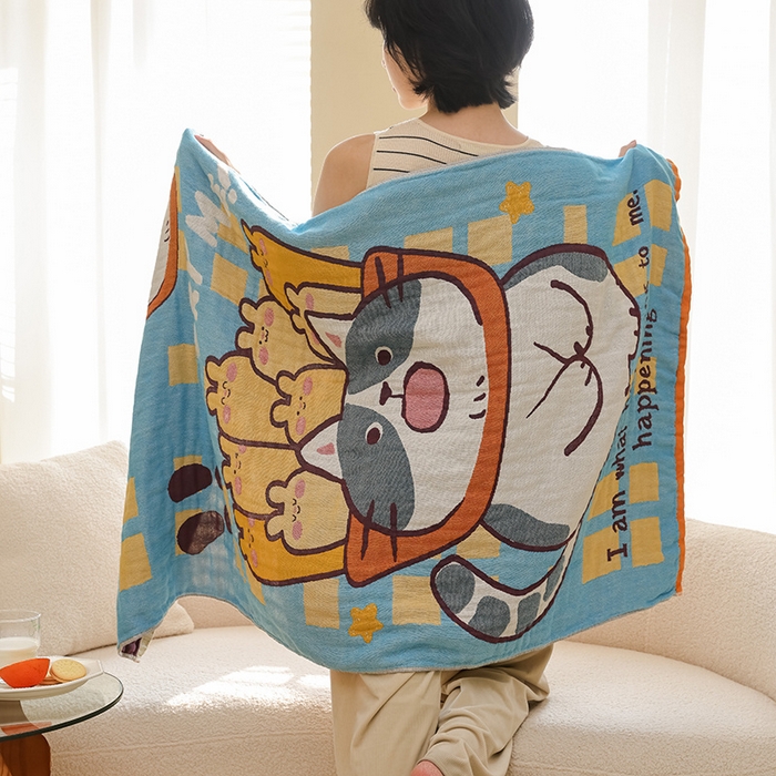 91家纺网 家纺一手货源 找家纺 雯雨家纺 2025新款亲肤可爱全棉A类纱布浴巾 招财进宝