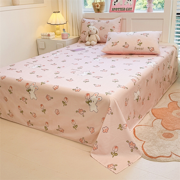 91家纺网 家纺一手货源 找家纺 雯豆2025春夏新款全棉床单三件套纯棉床罩小清新印花床单 全棉床单-甜心派