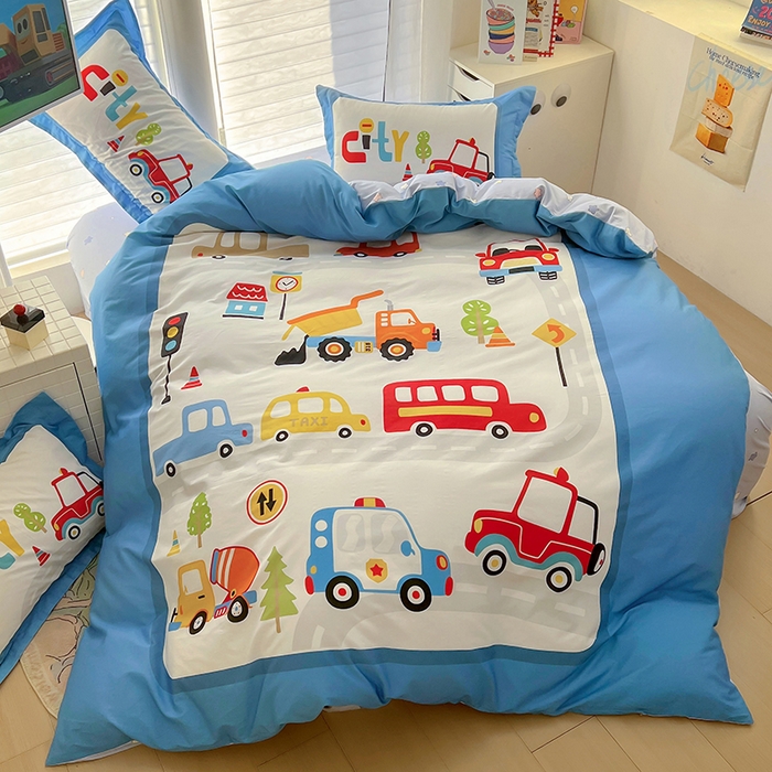 91家纺网 家纺一手货源 找家纺 浩诚 2025新款全棉大版卡通太空人宇航员小恐龙小汽车系列纯棉四件套-提供买家秀 汽车派对