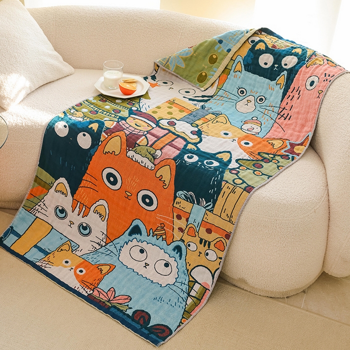 91家纺网 家纺一手货源 找家纺 雯雨家纺 2025新款亲肤可爱全棉A类纱布浴巾 排排猫