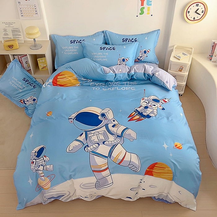 91家纺网 家纺一手货源 找家纺 浩诚 2025新款全棉大版卡通太空人宇航员小恐龙小汽车系列纯棉四件套-提供买家秀 太空遨游