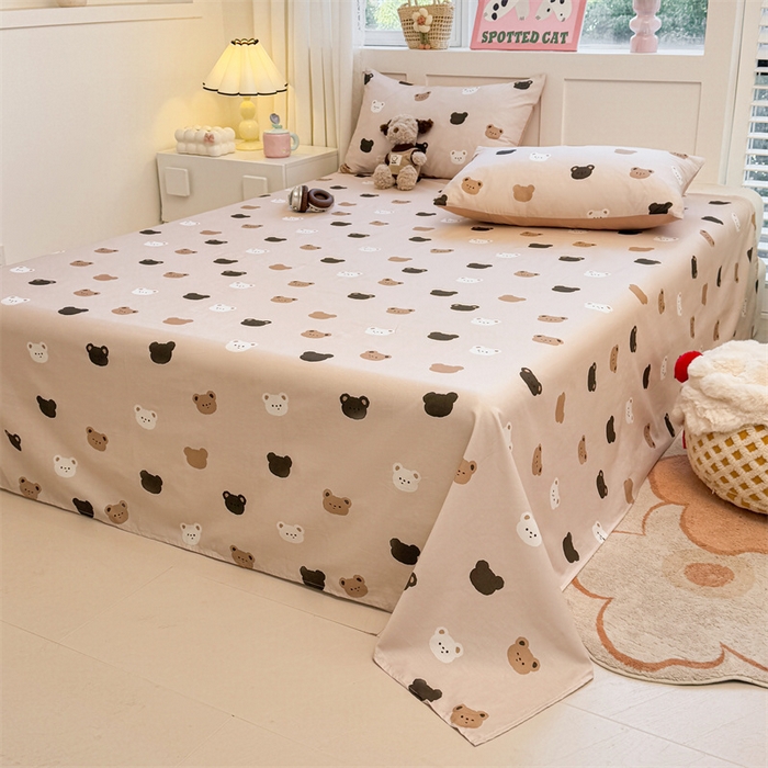 91家纺网 家纺一手货源 找家纺 雯豆2025春夏新款全棉床单三件套纯棉床罩小清新印花床单 全棉床单-饼干熊