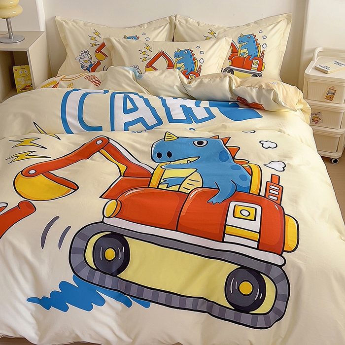 91家纺网 家纺一手货源 找家纺 浩诚 2025新款全棉大版卡通太空人宇航员小恐龙小汽车系列纯棉四件套-提供买家秀 恐龙挖掘机