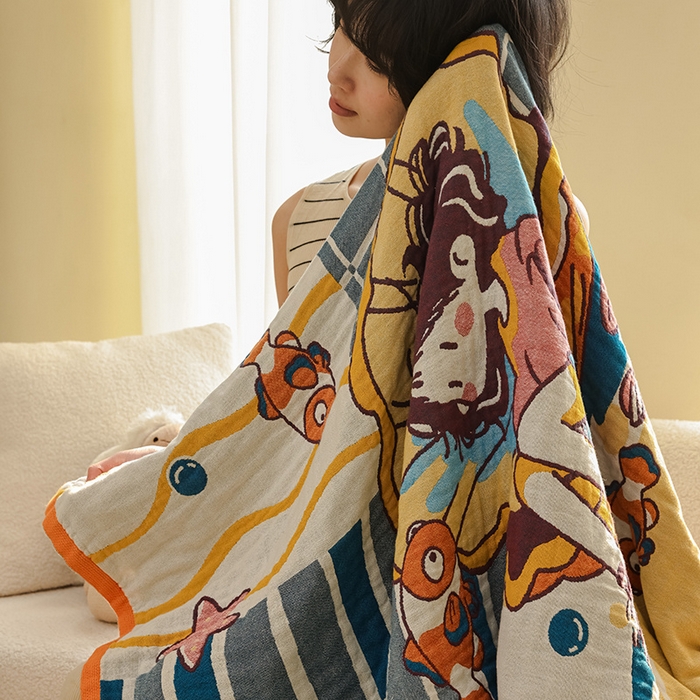 91家纺网 家纺一手货源 找家纺 雯雨家纺 2025新款亲肤可爱全棉A类纱布浴巾 海域