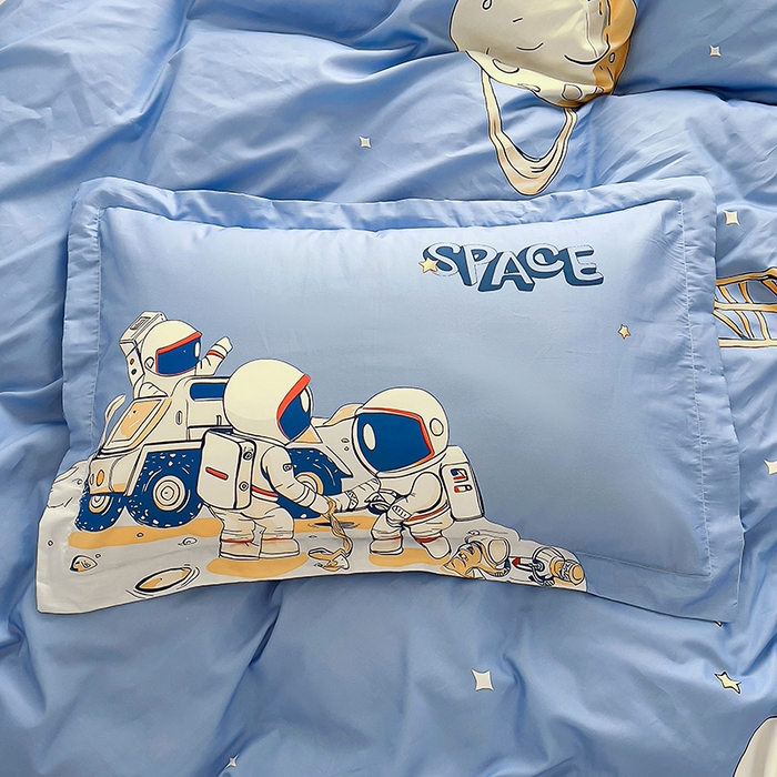 91家纺网 家纺一手货源 找家纺 浩诚 2025新款全棉大版卡通太空人宇航员小恐龙小汽车系列纯棉四件套-提供买家秀 太空工程队