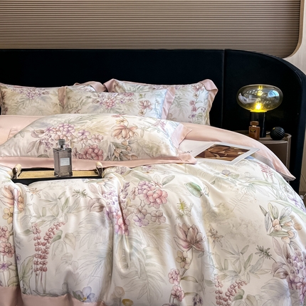 91家纺网 家纺一手货源 找家纺 2025新款大宽边高级简奢款凉感天丝莱赛尔数码印花丝滑丝绸四件套直播热款