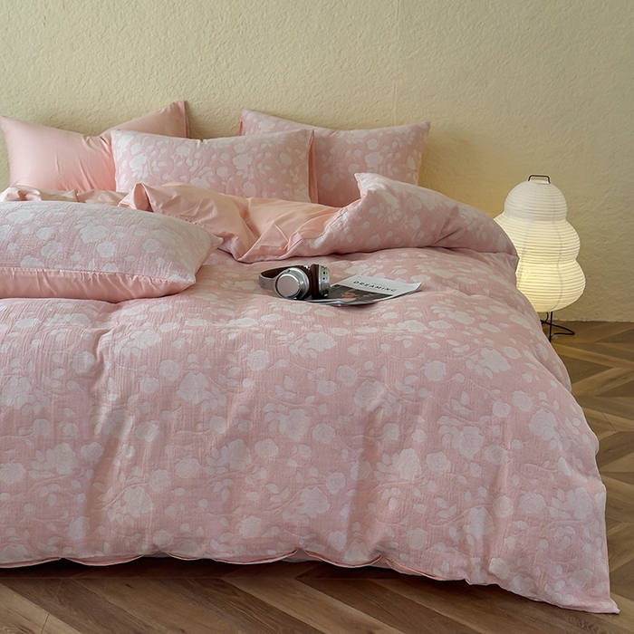 91家纺网 家纺一手货源 找家纺 琪格格2025款纯棉三层纱提花四件套（提供大量买家秀） 三层纱 莫奈花园-粉