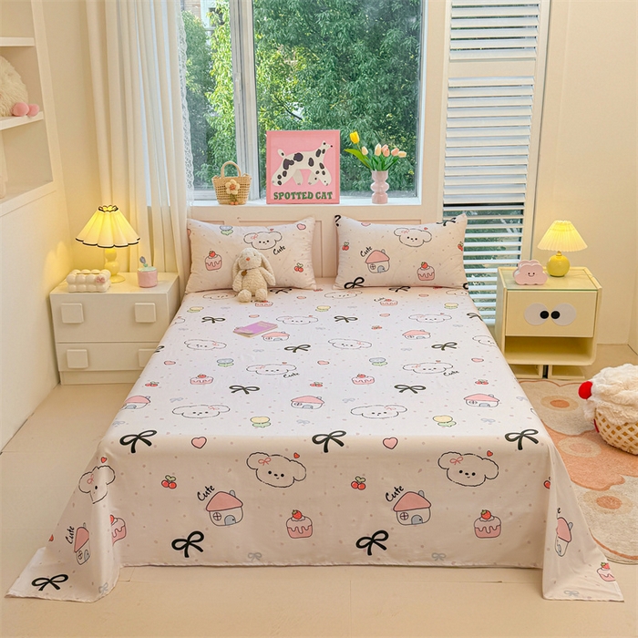 91家纺网 家纺一手货源 找家纺 雯豆2025春夏新款全棉床单三件套纯棉床罩小清新印花床单 全棉床单-奶油蝴蝶结