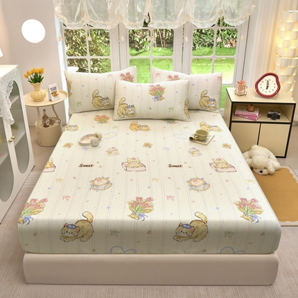 木堇家居 2025新款春夏全棉小清新卡通床单床笠枕套单品系列-床笠系列 4  郁金香小猫