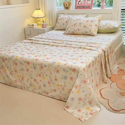 雯豆2025春夏新款全棉床单三件套纯棉床罩小清新印花床单 全棉床单-芳华