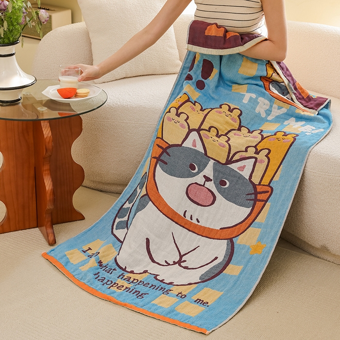 91家纺网 家纺一手货源 找家纺 雯雨家纺 2025新款亲肤可爱全棉A类纱布浴巾 招财进宝