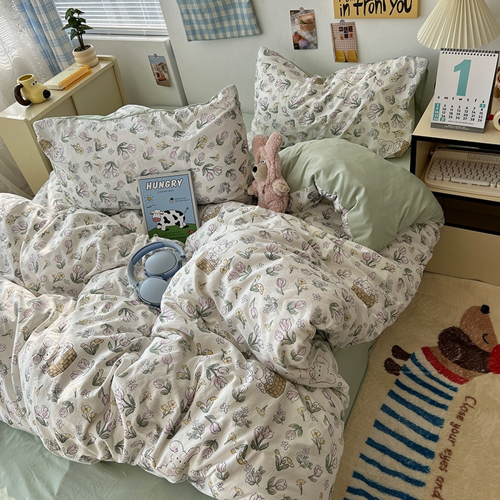 91家纺网 家纺一手货源 找家纺 原素 2025软绵绵的双拼印花水洗棉四件套 单纯萌兔