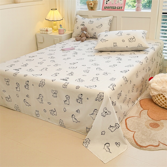 91家纺网 家纺一手货源 找家纺 雯豆2025春夏新款全棉床单三件套纯棉床罩小清新印花床单 全棉床单-动物城