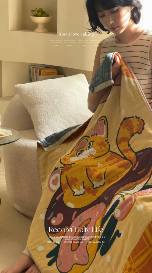 91家纺网 家纺一手货源 找家纺 雯雨家纺 2025新款亲肤可爱全棉A类纱布浴巾 好运小猫