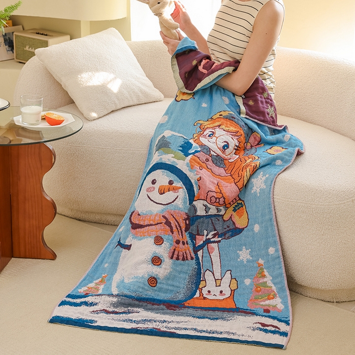 91家纺网 家纺一手货源 找家纺 雯雨家纺 2025新款亲肤可爱全棉A类纱布浴巾 雪地女孩