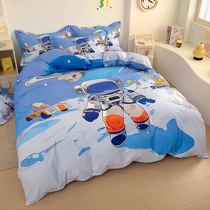 91家纺网 家纺一手货源 找家纺 浩诚 2025新款全棉大版卡通太空人宇航员小恐龙小汽车系列纯棉四件套-提供买家秀 星际工程