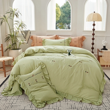 上喜 2025新款全棉提花刺绣款床盖四件套 绿色