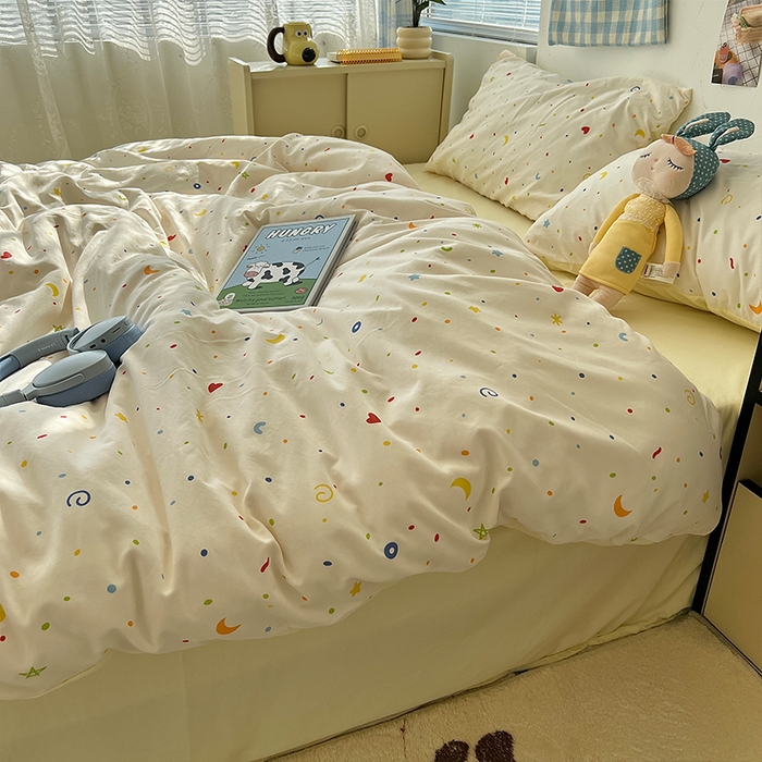 91家纺网 家纺一手货源 找家纺 原素 2025软绵绵的双拼印花水洗棉四件套 星星月亮