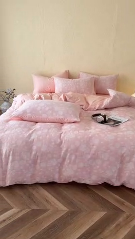 91家纺网 家纺一手货源 找家纺 琪格格2025款纯棉三层纱提花四件套（提供大量买家秀） 三层纱 莫奈花园-粉