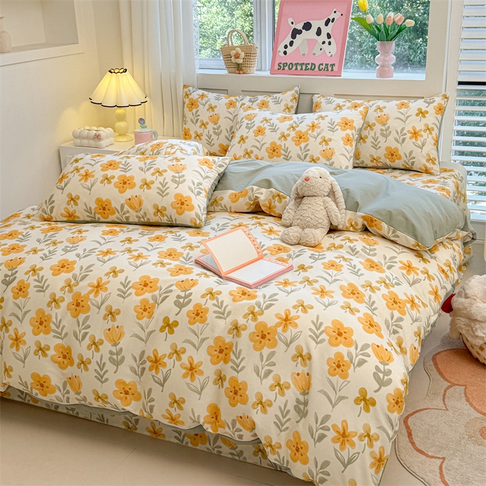 91家纺网 家纺一手货源 找家纺 雯豆2025春夏新款全棉纯棉被套三件套学生成人被罩 全棉被套-暖阳