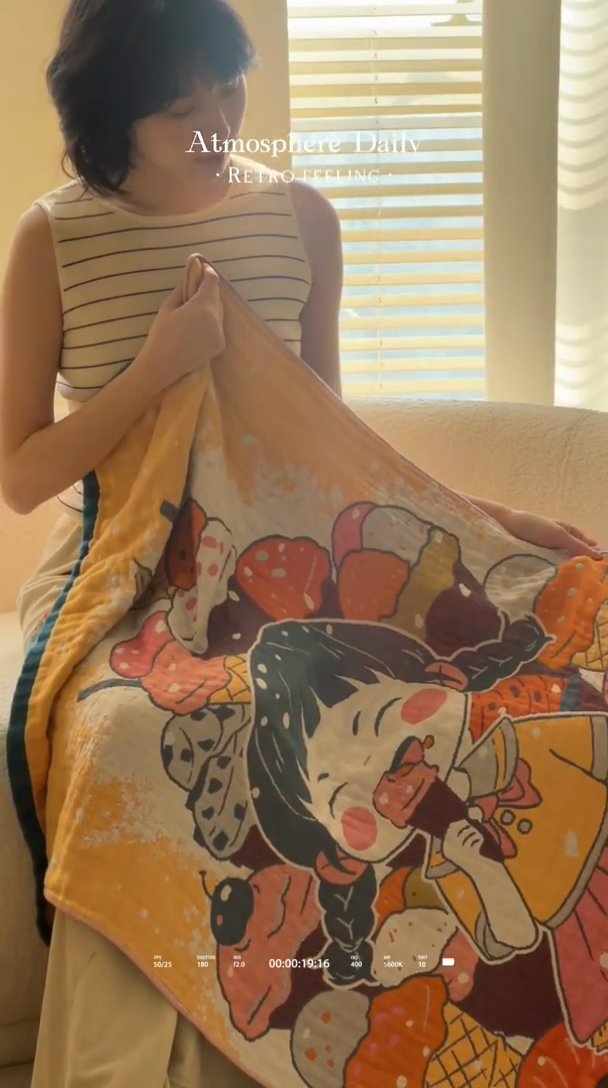 91家纺网 家纺一手货源 找家纺 雯雨家纺 2025新款亲肤可爱全棉A类纱布浴巾 冰淇淋女孩