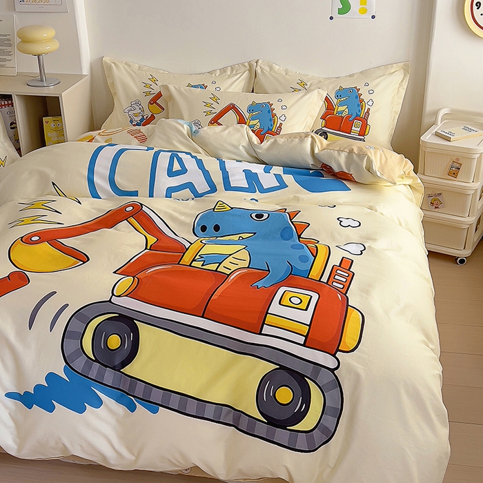 91家纺网 家纺一手货源 找家纺 浩诚 2025新款全棉大版卡通太空人宇航员小恐龙小汽车系列纯棉四件套-提供买家秀 恐龙挖掘机
