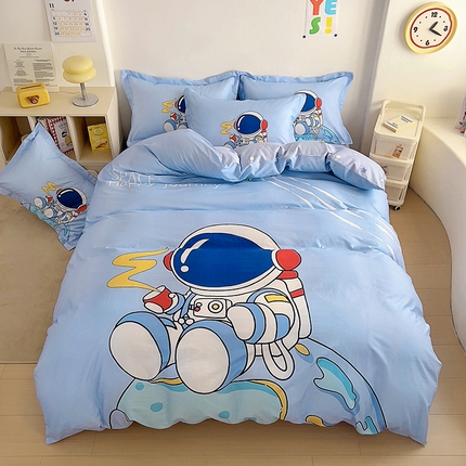 91家纺网 家纺一手货源 找家纺 浩诚 2025新款全棉大版卡通太空人宇航员小恐龙小汽车系列纯棉四件套-提供买家秀 奇妙之旅