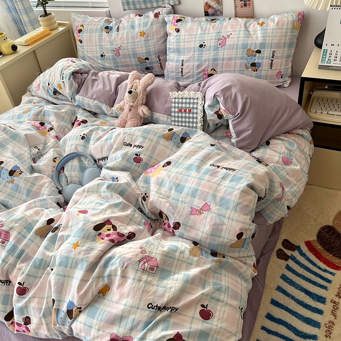 91家纺网 家纺一手货源 找家纺 原素 2025软绵绵的双拼印花水洗棉四件套 彩格狗狗