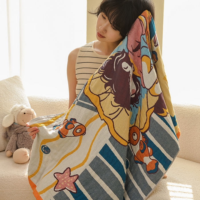 91家纺网 家纺一手货源 找家纺 雯雨家纺 2025新款亲肤可爱全棉A类纱布浴巾 海域