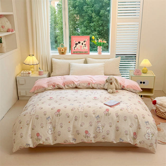 91家纺网 家纺一手货源 找家纺 雯豆2025春夏新款全棉纯棉被套三件套学生成人被罩 全棉被套-小兔乖乖