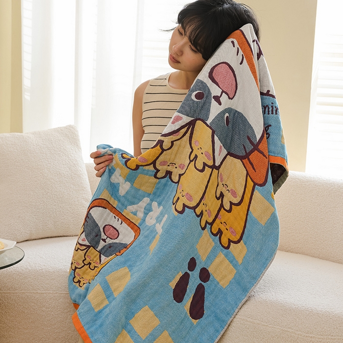 91家纺网 家纺一手货源 找家纺 雯雨家纺 2025新款亲肤可爱全棉A类纱布浴巾 招财进宝